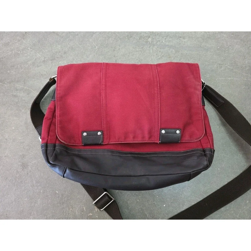 Coach Mens Red And Brown Messenger Bag Leather Trim Crossbody Laptop Travel Bag